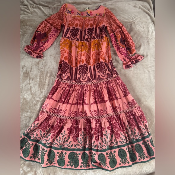 Farm Rio Pink Anika Macaws Maxi Dress XL Tropical Resort Boho Luxury - Picture 11 of 13